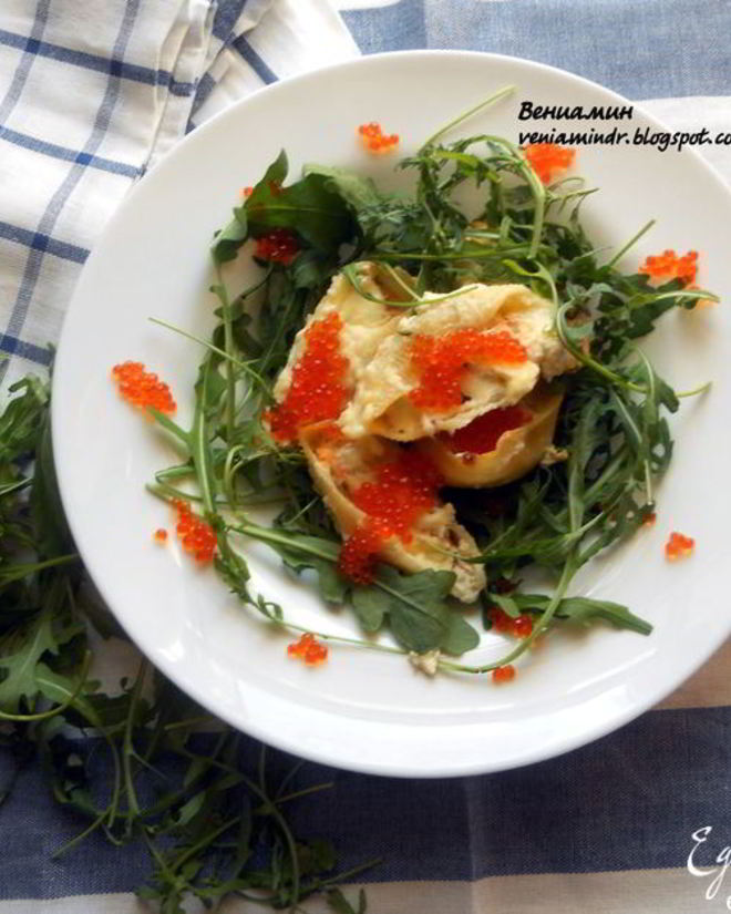 Рецепт пасты ракушки с муссом из семги, маскарпоне, руколы и красной икрой