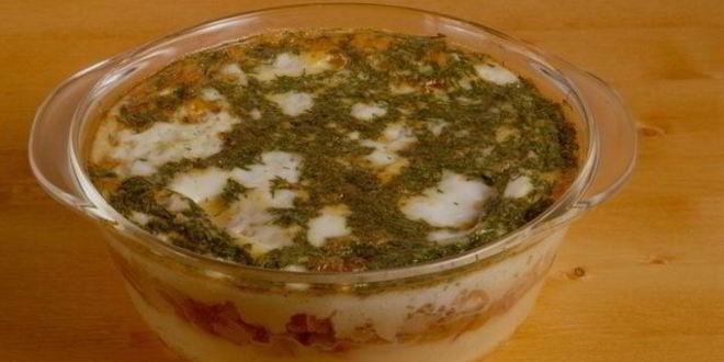 Рецепт Картофельного пюре запеченого с окороком и грибами