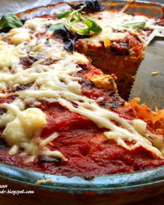 Рецепт лазанья из ржаных блинчиков с курицей, томатами и базиликом