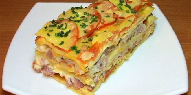Рецепт Лазаний с помидорами, сыром и ветчиной