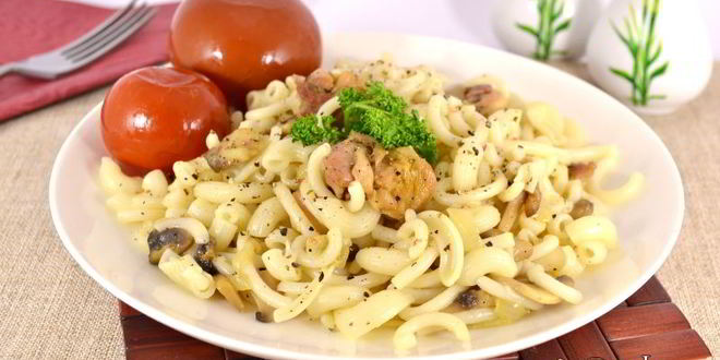 Рецепт макарон с курицей и шампиньонами