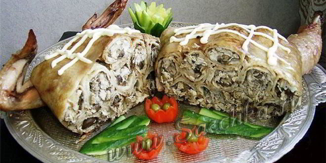 Рецепт курицы, фаршированной блинами