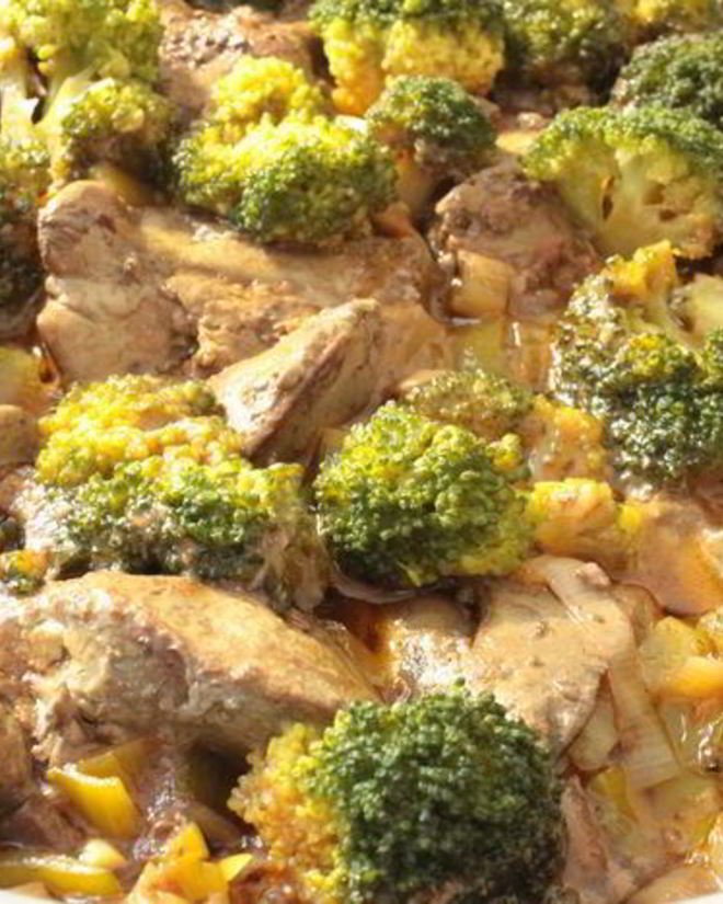 Рецепт куриной печени с брокколи и грибами