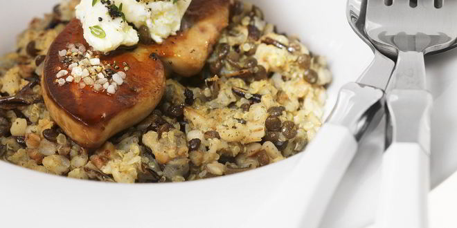 Рецепт Ризотто из чечевицы, перловки, гречки и дикого риса с фуа-гра и козьим сыром