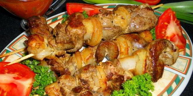 Рецепт шашлыка из печени на сковороде