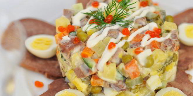 Рецепт салата оливье с языком