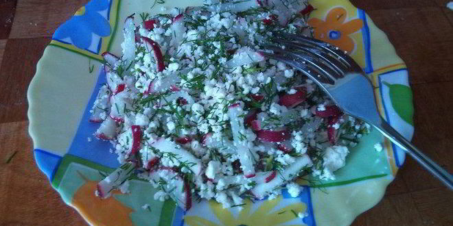 Рецепт салата из редиски с творогом