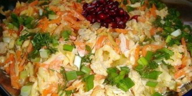 Рецепт салата с курицей, корейской морковью и маринованными огурцами
