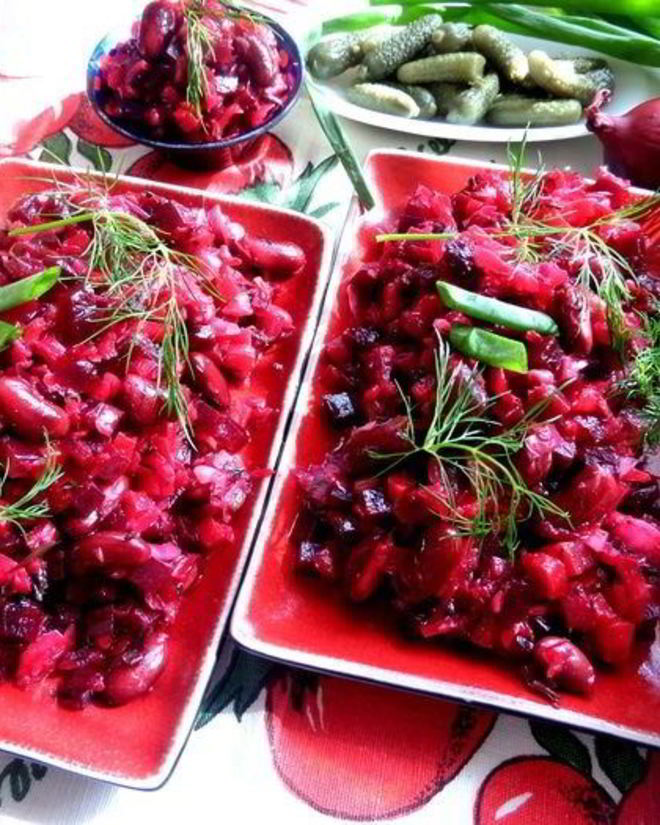 Рецепт винегрета с фасолью и жареным луком