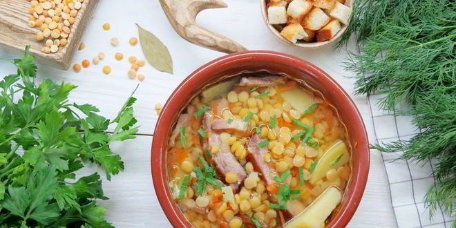 Рецепт супа горохового с копченостями и горчицей
