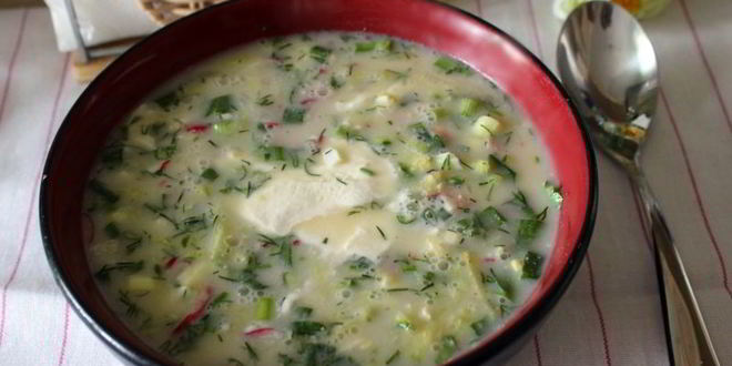 Рецепт окрошки на сыворотке с ветчиной