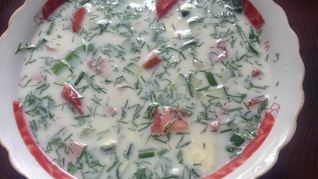 Рецепт Окрошки с куриной грудкой и помидорами