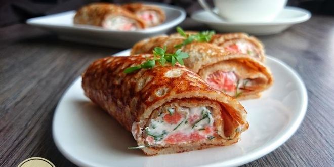 Рецепт ржаных заварных блинов начиненных неркой, зеленью и творожным сыром