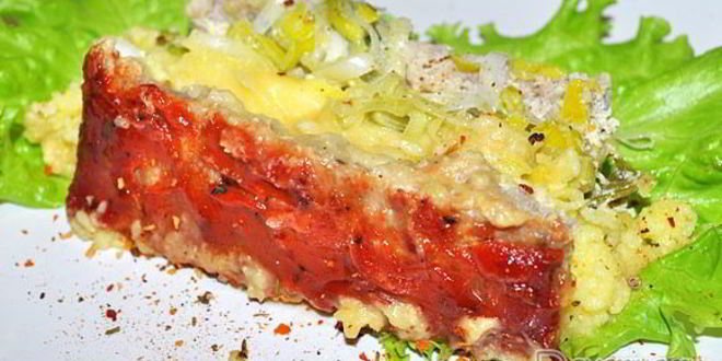 Рецепт запеканки мясной с луком-пореем и картофелем