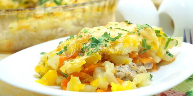 Рецепт Запеканки с курицей и тыквой в духовке