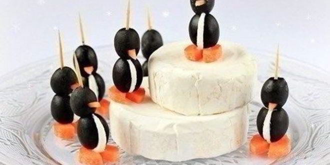 Рецепт канапе пингвинчики из оливок и сыра